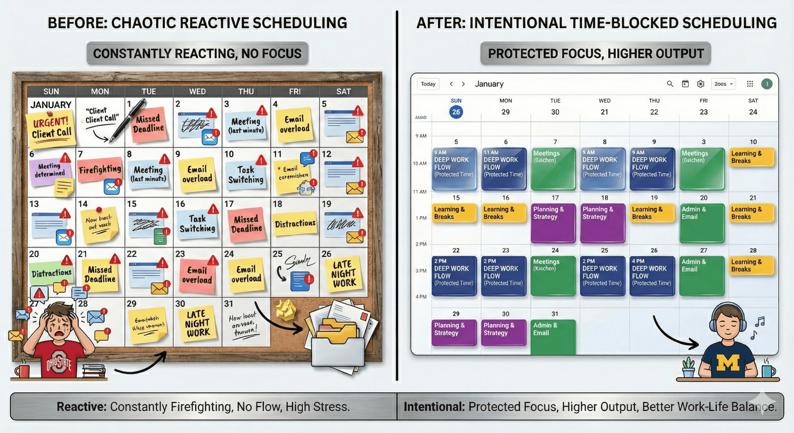 Side-by-side calendar comparison: Reactive vs. Intentional Time Blocking