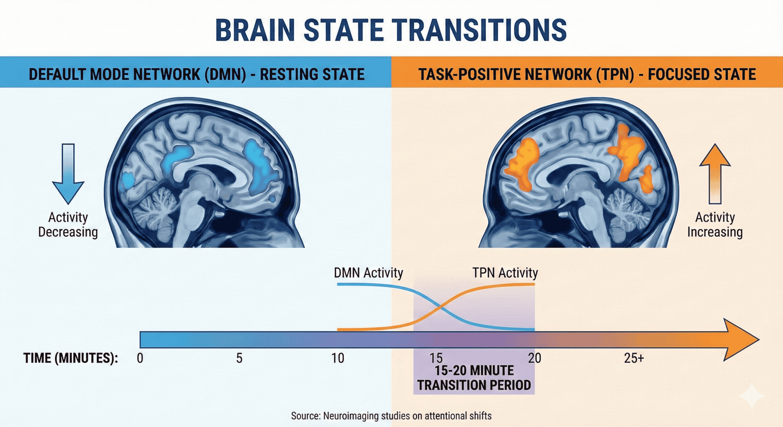 Diagram showing brain state transitions from scattered to focused