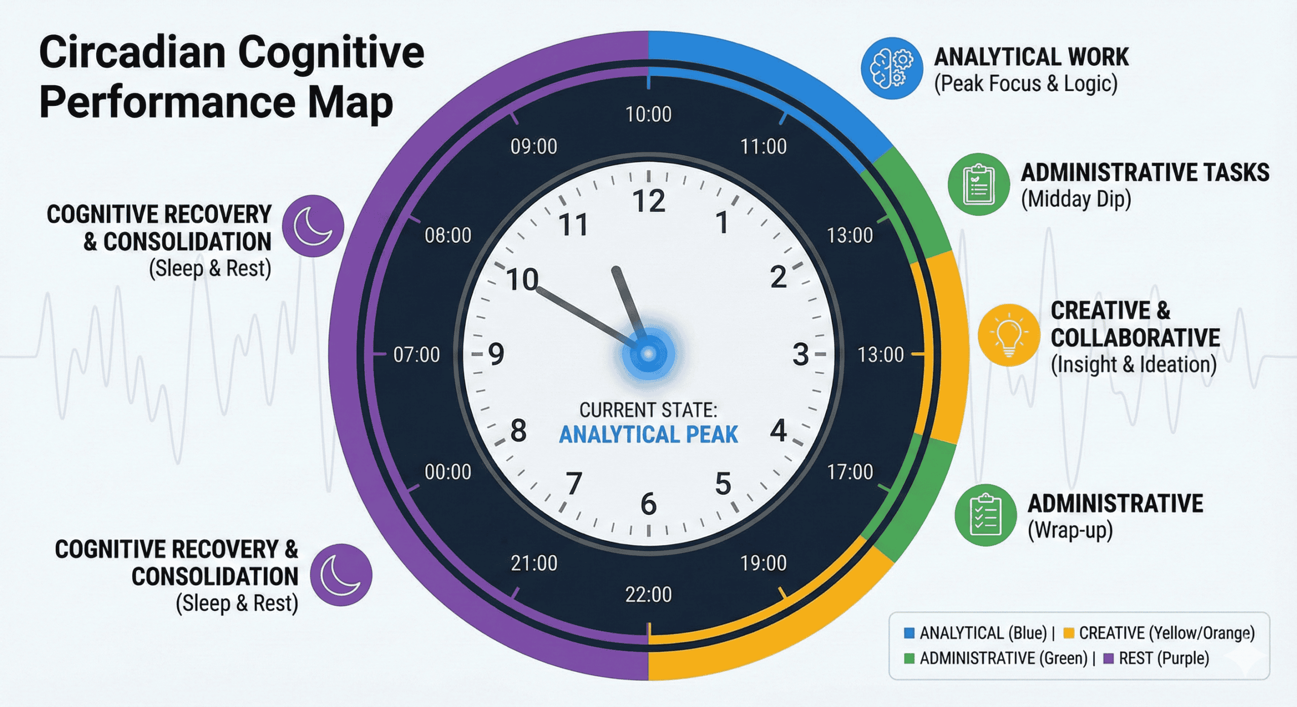 Clock chart showing optimal times for different cognitive tasks