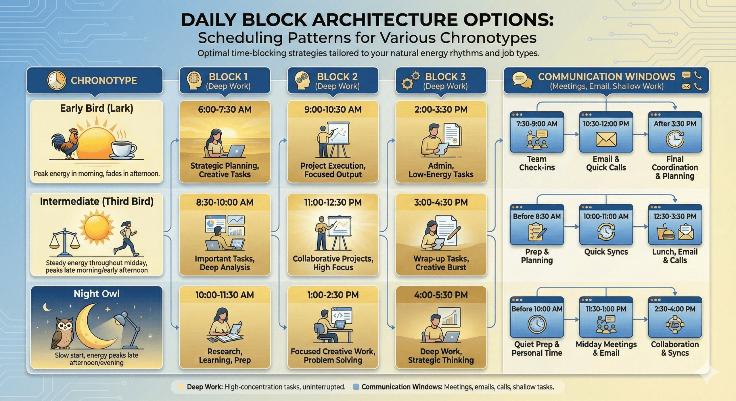 Table showing scheduling options for different chronotypes