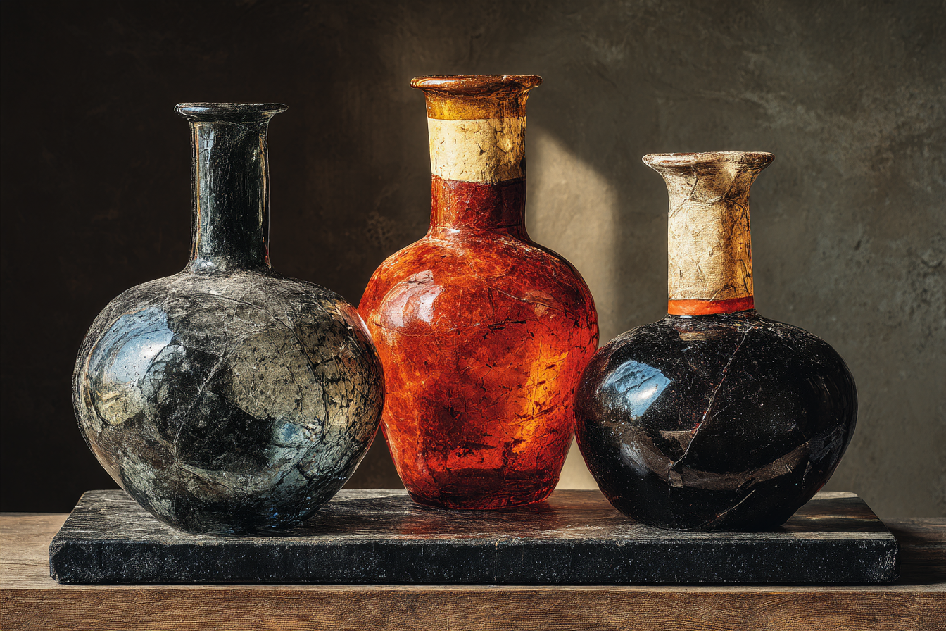 Three vessels of smoky glass — one cracked, one emptied