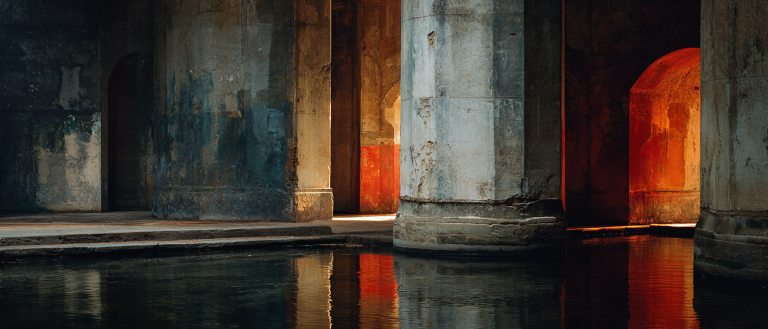 Crumbling plaster column, half-submerged in still dark water