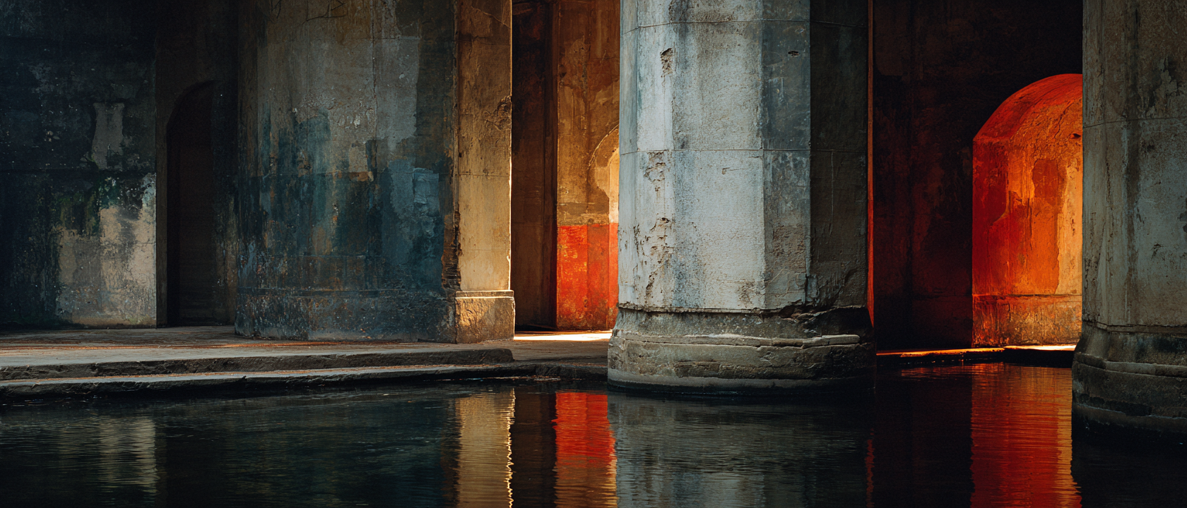 Crumbling plaster column, half-submerged in still dark water