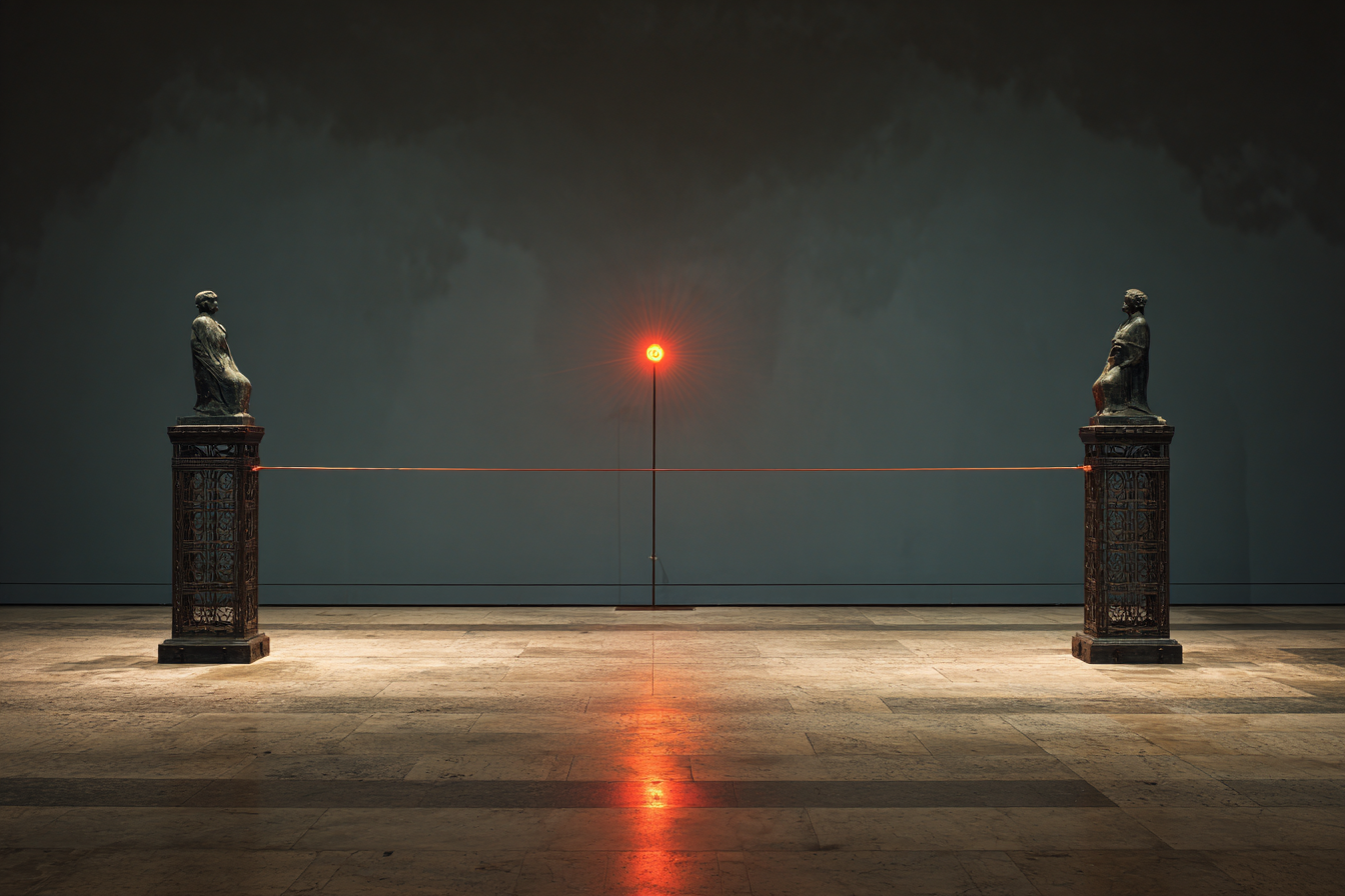 Taut wire strung between two dark iron posts, a single point of tension glowing coral-red at its midpoint