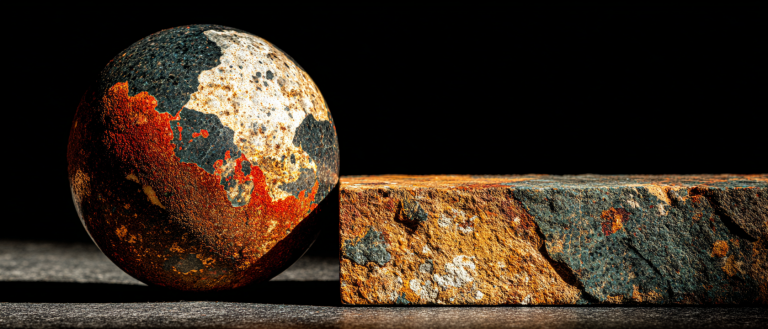 Single obsidian sphere balanced on the edge of a dark marble ledge, left third pure navy void