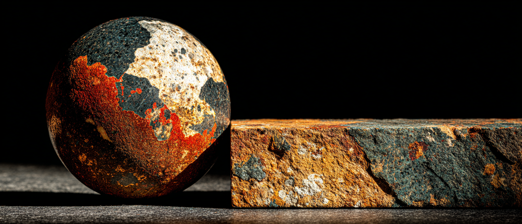 Single obsidian sphere balanced on the edge of a dark marble ledge, left third pure navy void
