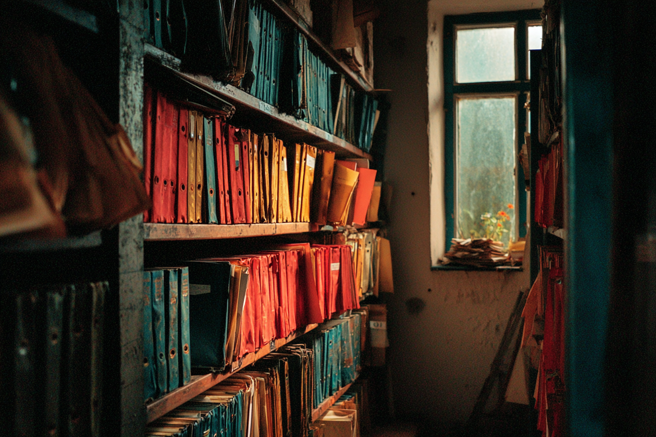Dark archive room, shelves of aged leather-bound folders