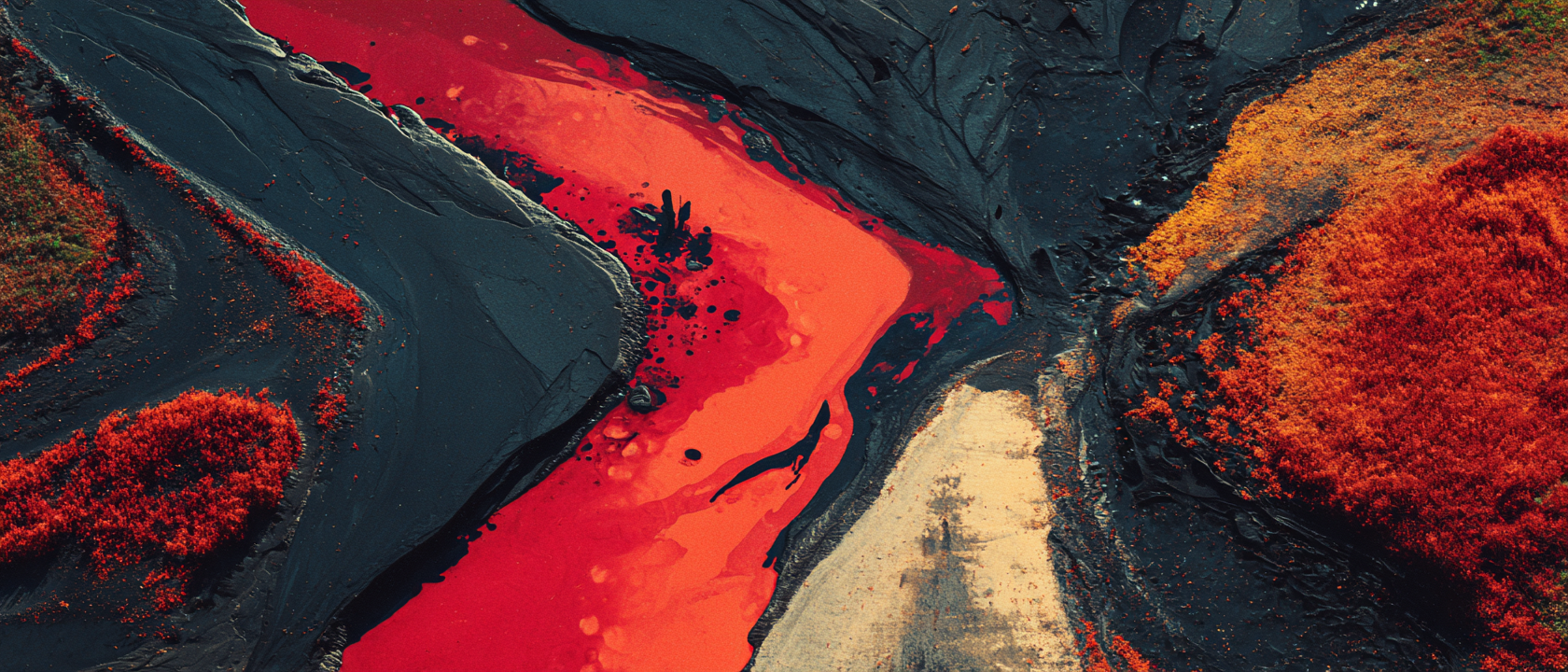Forked river of mercury splitting across dark basalt, left third pure navy void for title