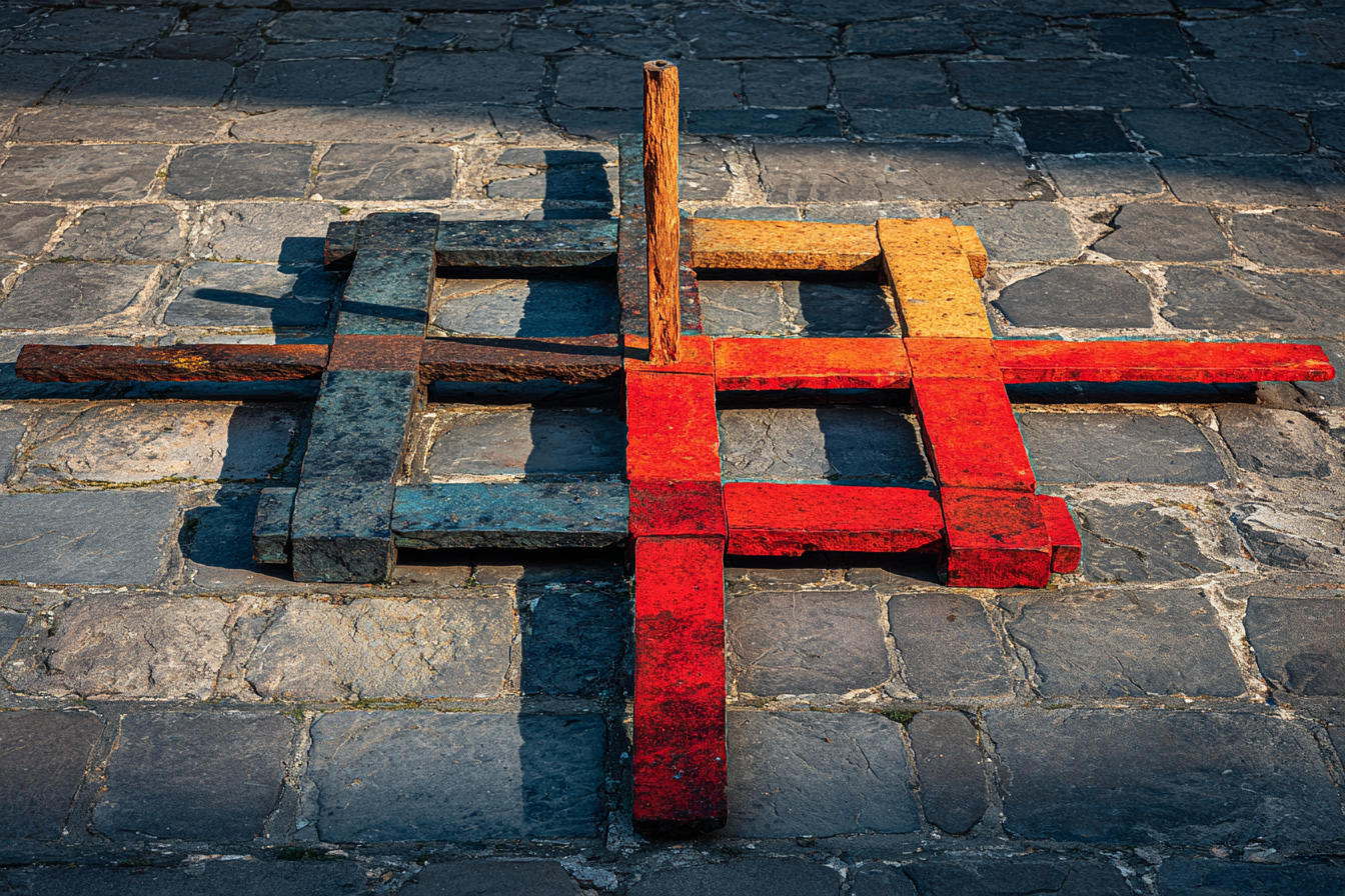 Four iron rods of equal length arranged in a square formation on dark stone, each casting a long shadow