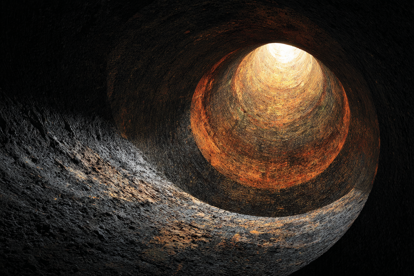Dark tunnel in stone, circular opening converging on a single point of ivory light at far end