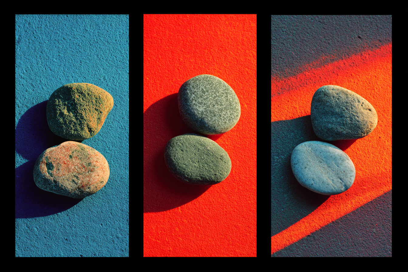 Same smooth river stone photographed in three different environments — in a surgical steel tray, on athletic track rubber