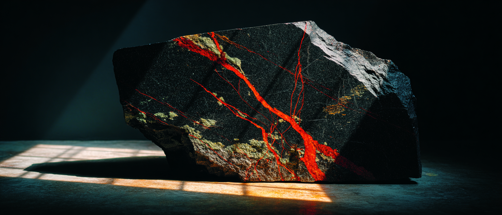 Monolithic slab of black granite standing alone in absolute darkness, left third pure navy void