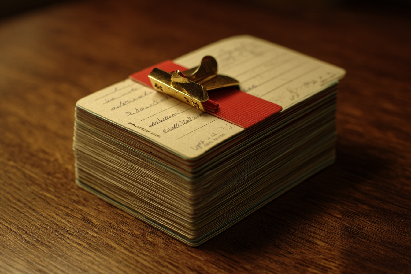 Stack of index cards on dark walnut surface, one card pulled forward and lit in ivory sidelight
