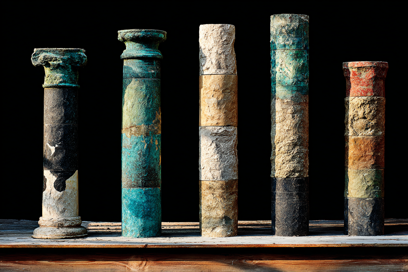 Five polished stone columns of varying heights arranged in precise graduated sequence on a dark slate surface, single overhead raking light carving ivory highlights across each column's edge