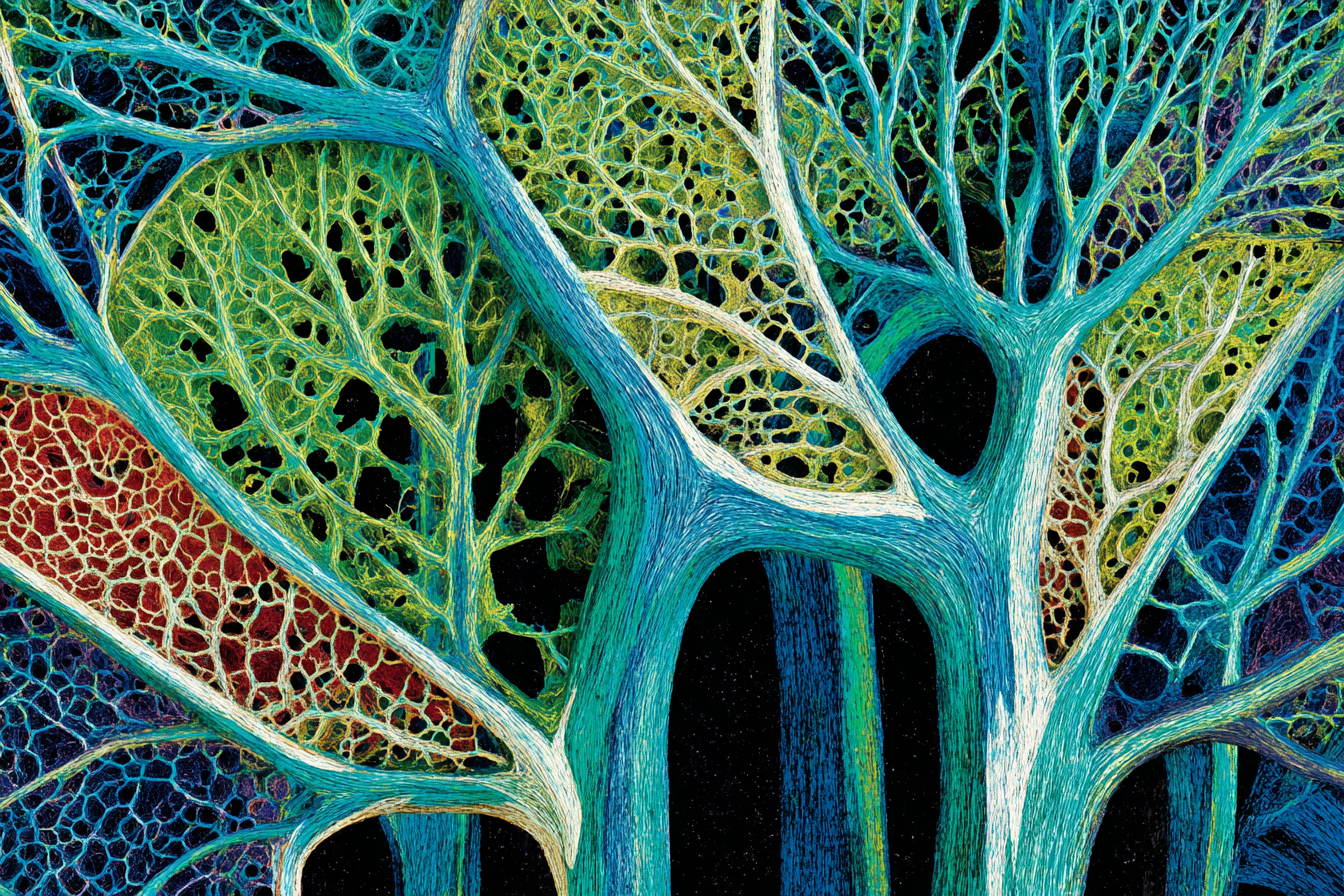 Cross-section of pale bone-white organic lattice structure submerged in dark fluid, slow luminous current implied by teal-green (#3fd0b4) light tracing tubular channels through the lattice