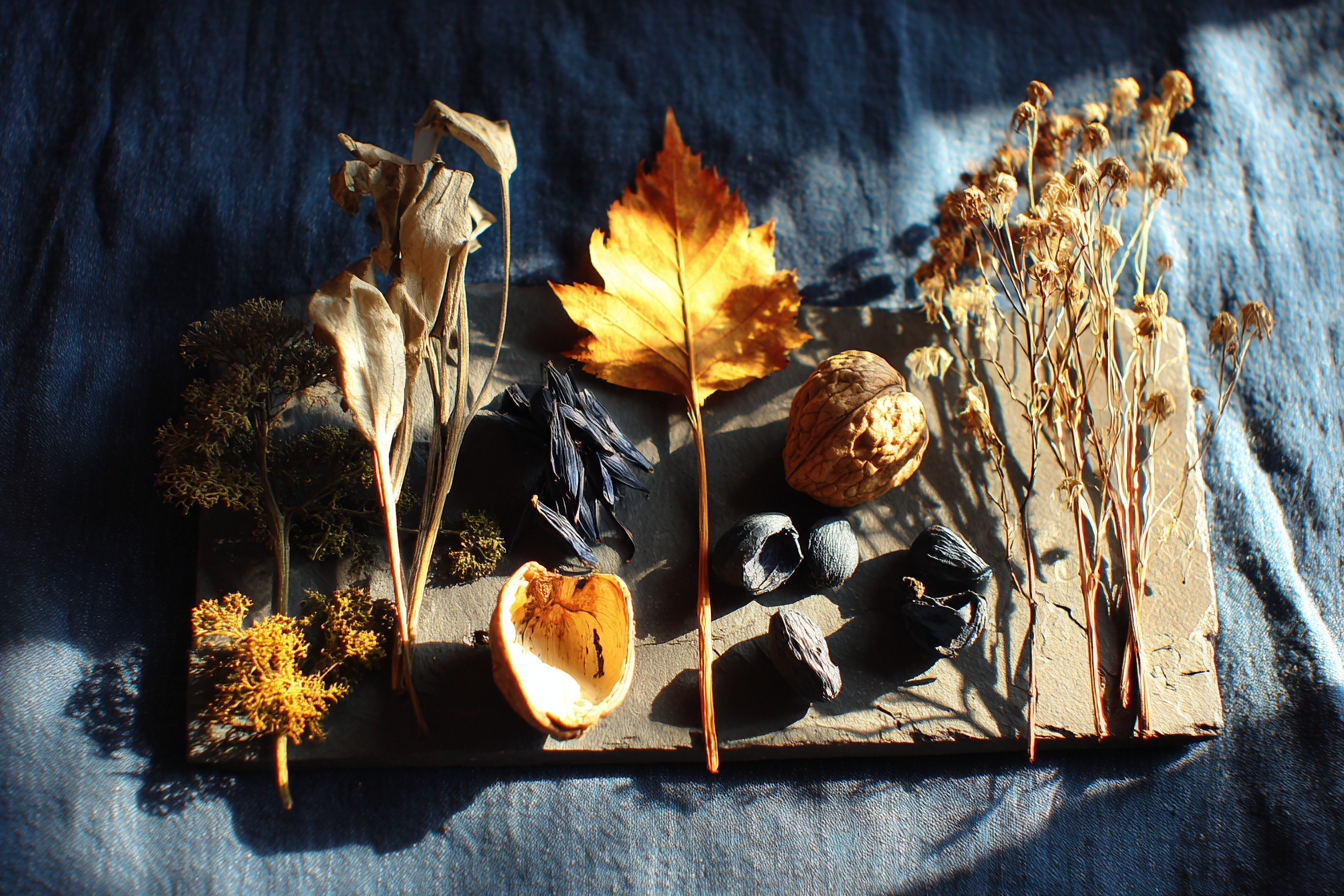 A slate surface holds a sparse arrangement of raw botanical forms — dark seeds, a halved walnut revealing pale interior