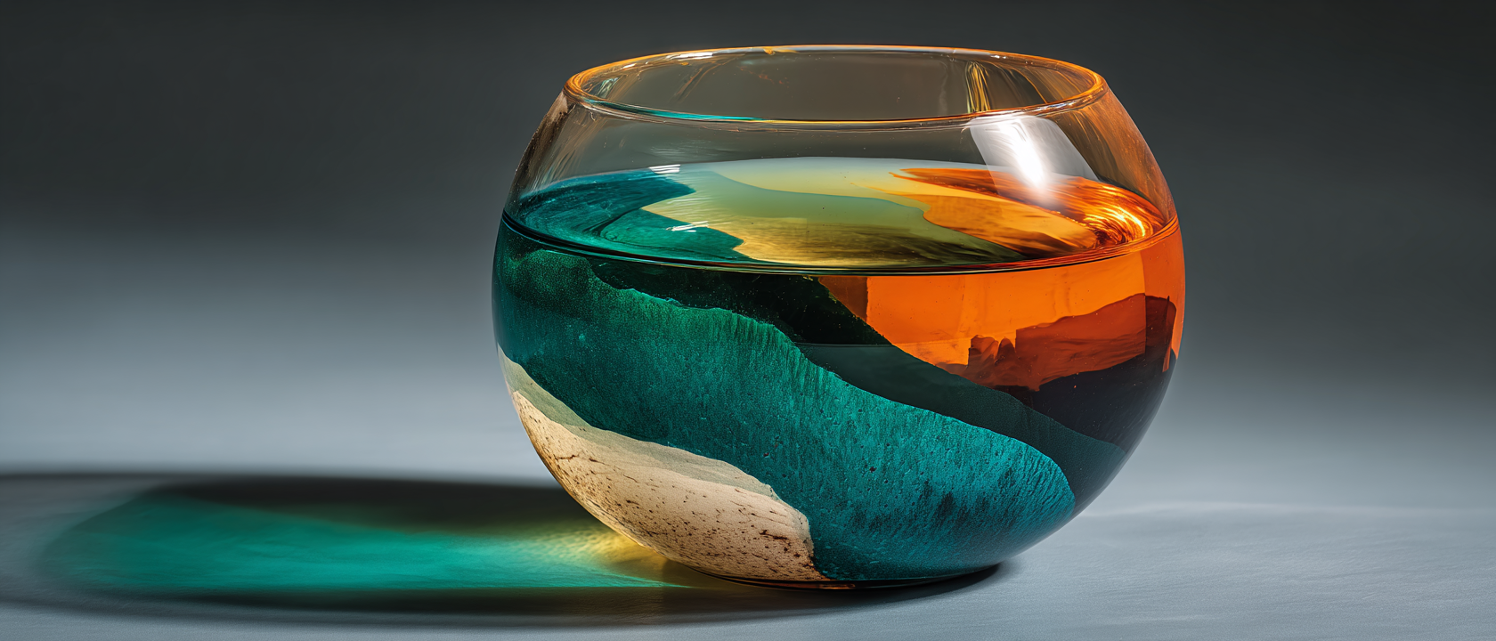 A single glass vessel filled with amber-toned fluid suspended in absolute darkness, slow luminous pour catching raking sidelight from upper right