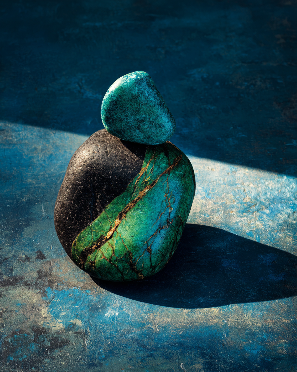 A single smooth river stone balanced atop a second stone on a dark navy surface, one narrow raking light from upper-left casting a long ivory shadow