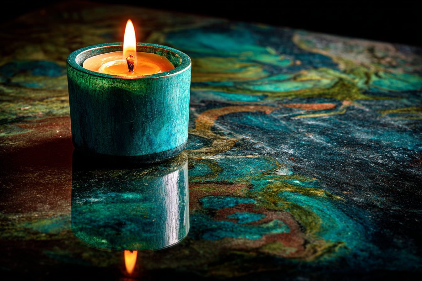 A single lit taper candle on dark stone, flame reflected in a polished obsidian surface below