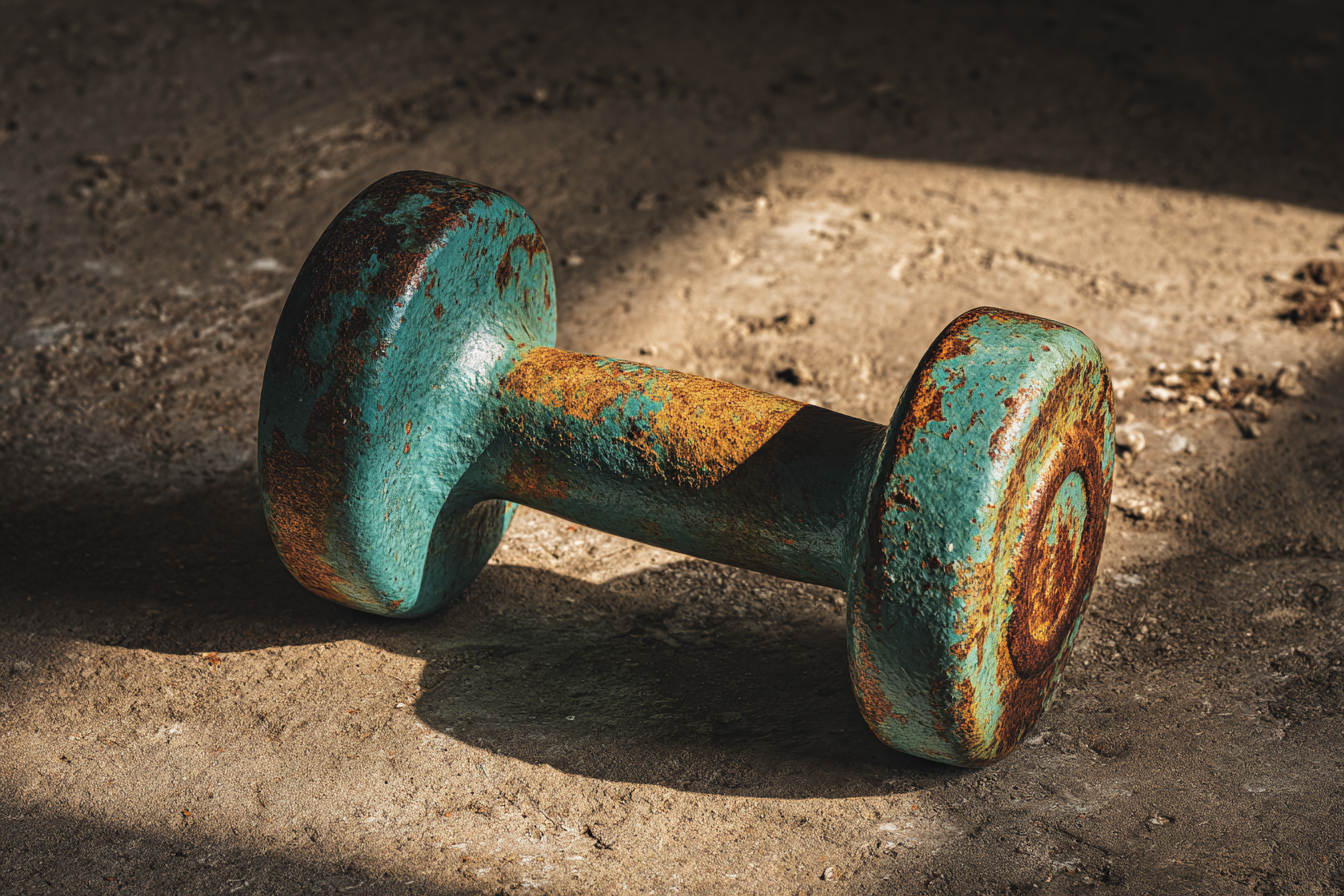 A worn iron dumbbell resting on rough concrete in near-darkness, single directional tungsten light picking out every pore of the metal surface in ivory