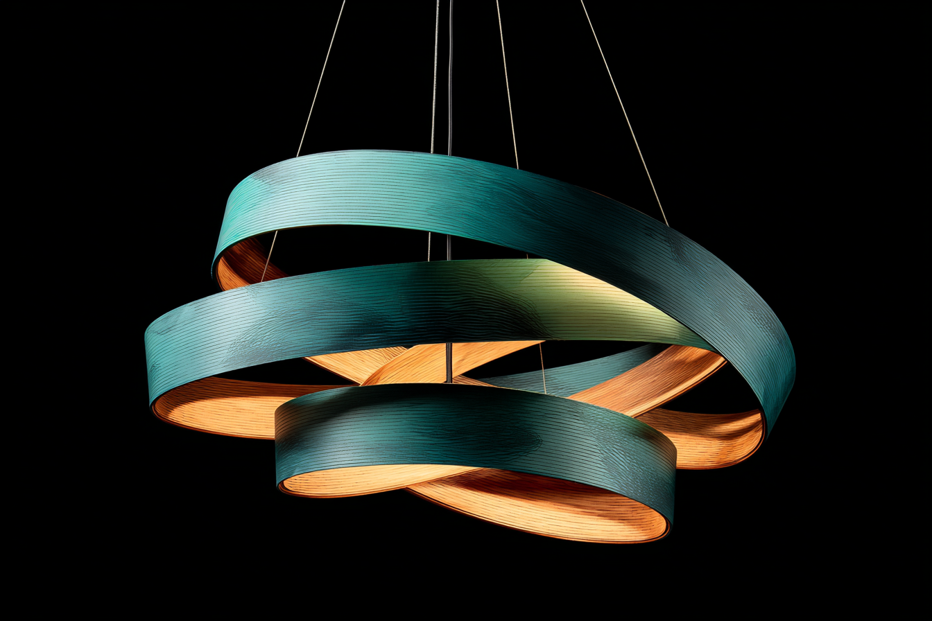 A fine copper wire coil suspended mid-frame against navy-black void, single beam of light catching each turn to produce a sequence of ivory crescents diminishing into shadow