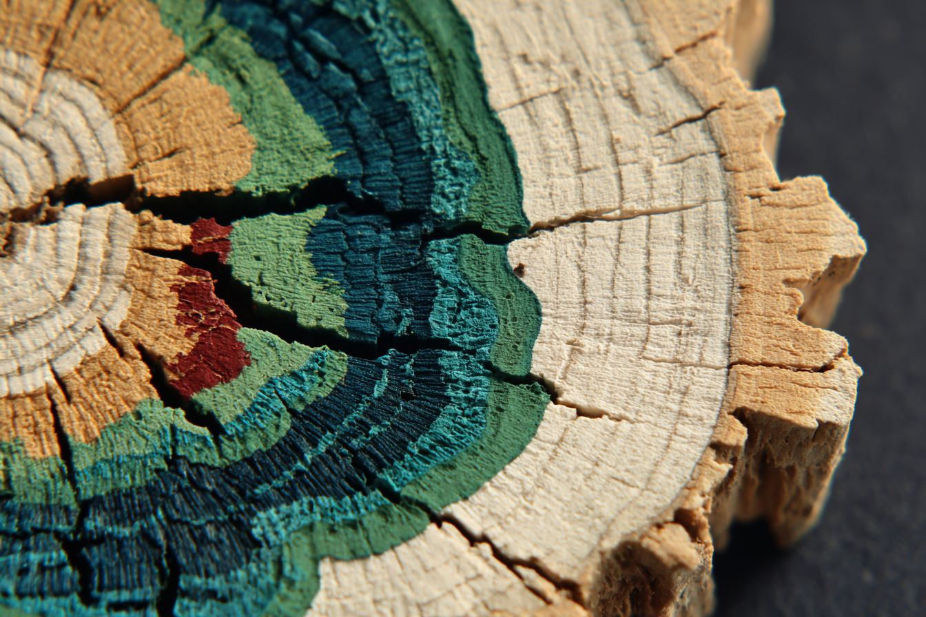 A cross-section of ancient timber, growth rings visible in ivory and bone tones under raking sidelight