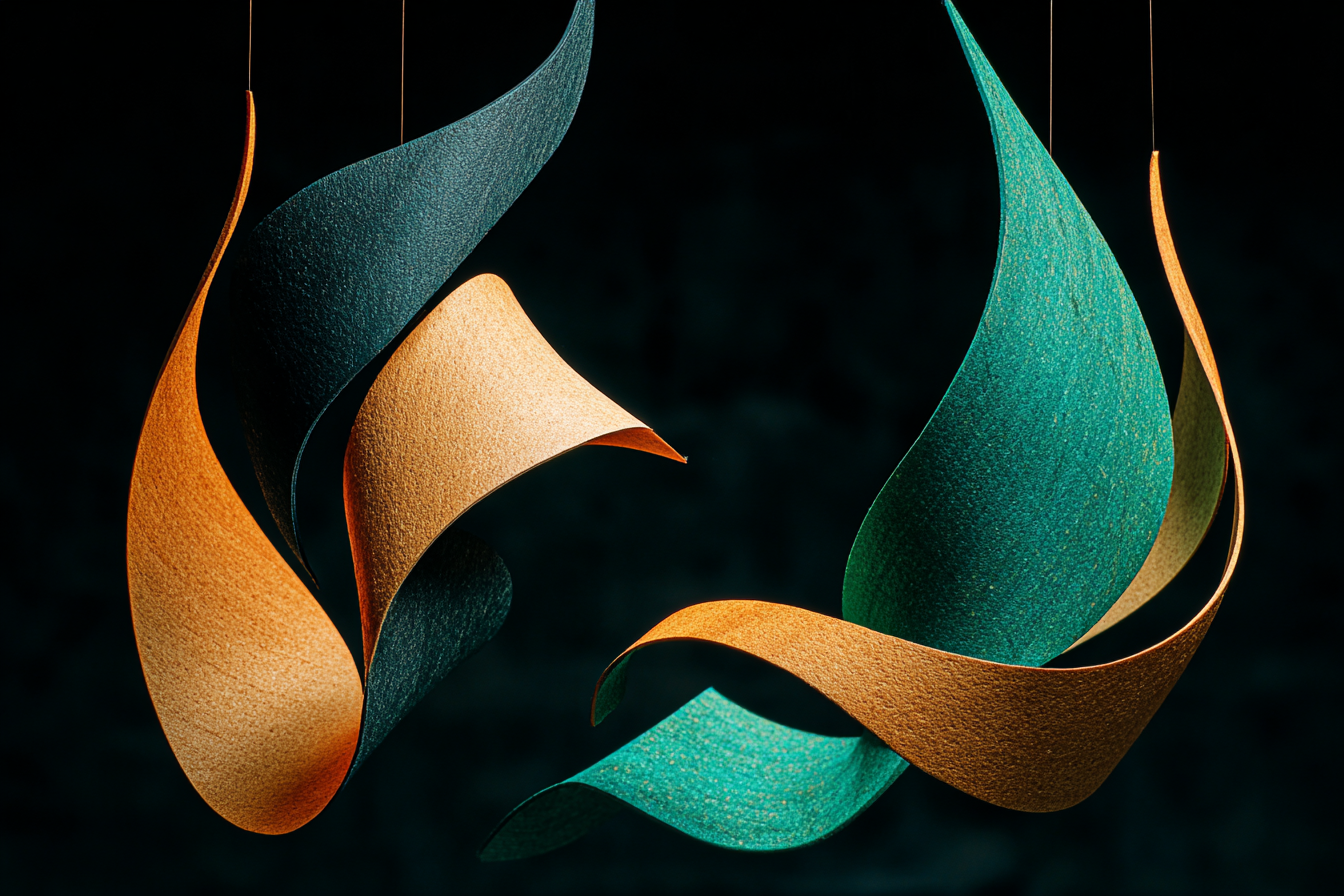 Two pendulums made of dark iron and bone, captured mid-swing in opposite arcs against a navy-black background