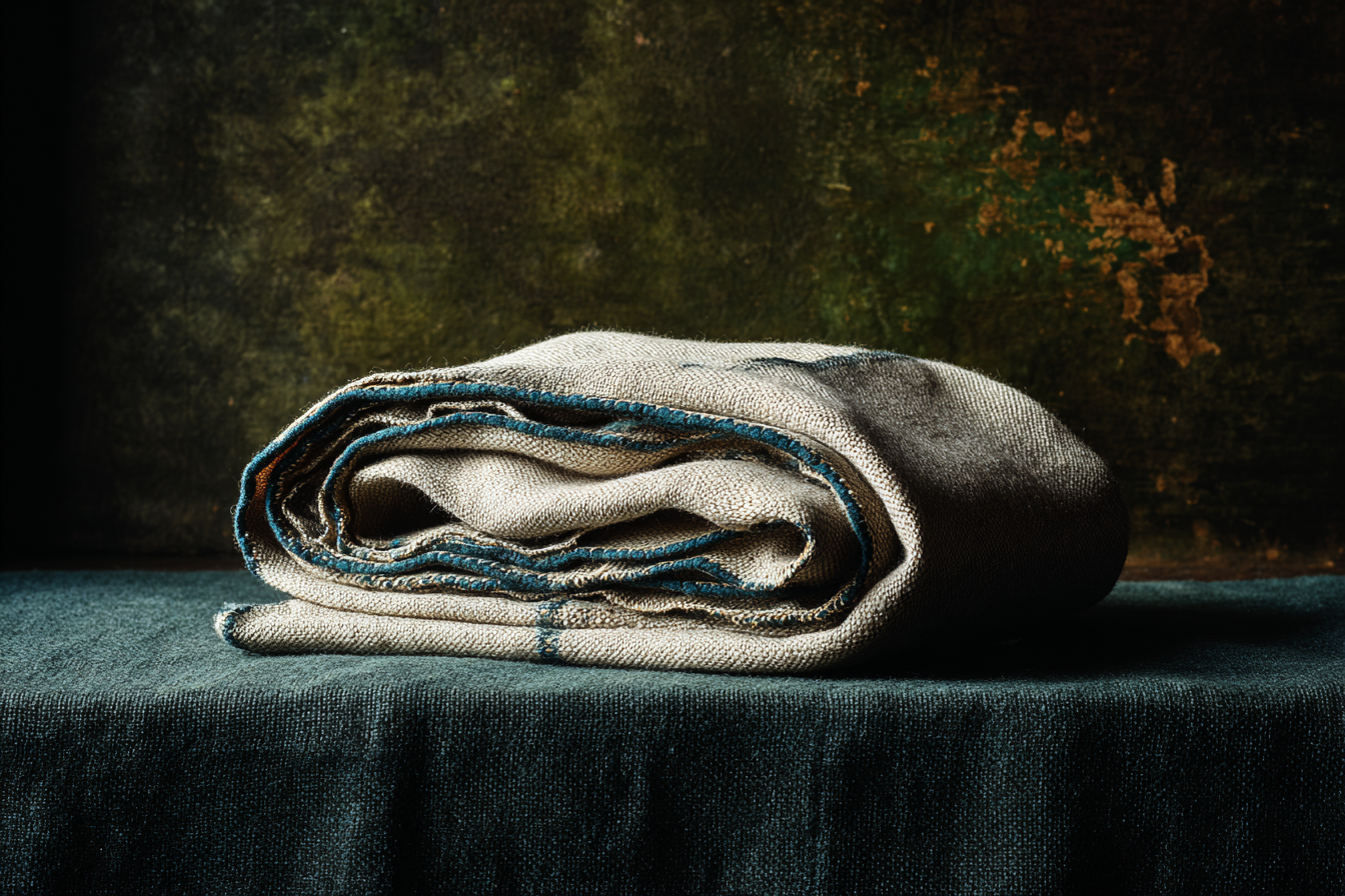 A heavy linen sheet folded precisely on a dark stone surface, single narrow raking beam across its ridges creating ivory highlights and deep shadow valleys