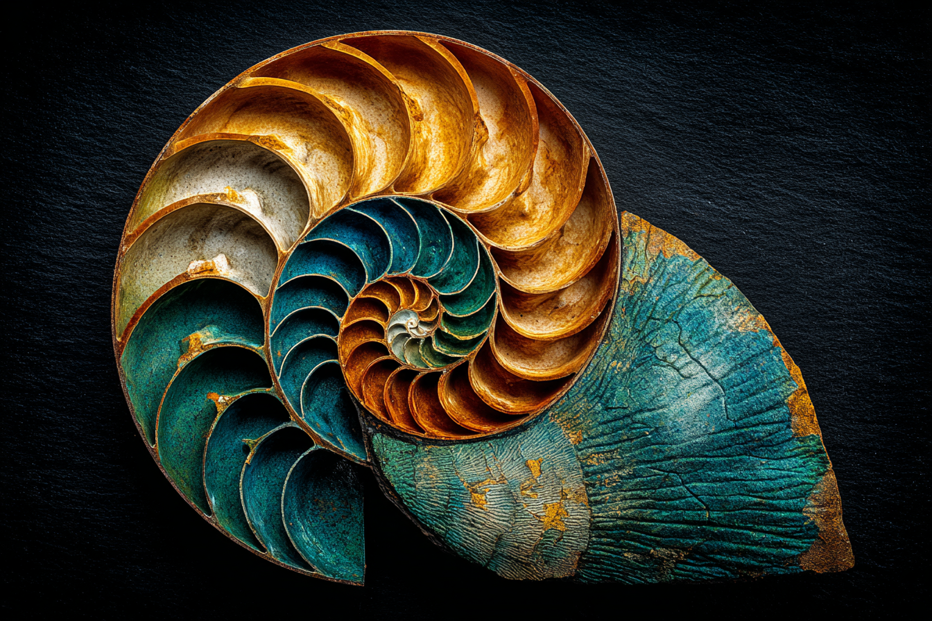 A tightly coiled nautilus shell cross-section on dark slate, raking sidelight revealing each chamber wall in ivory gradients spiralling inward