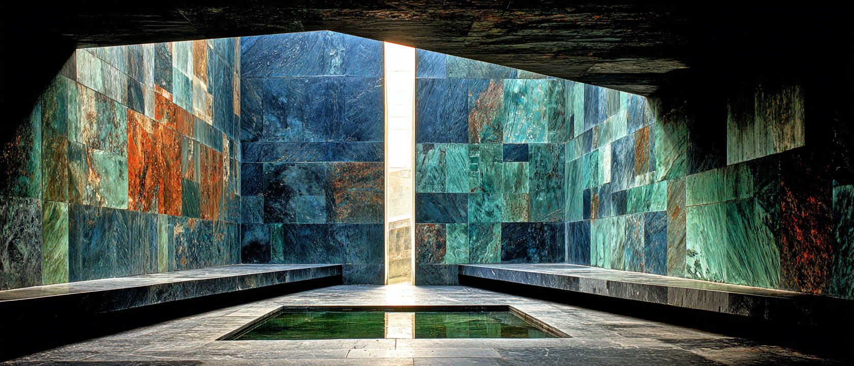 A monumental architectural arch of dark polished stone seen from directly below, single volumetric light shaft descending through the apex in ivory white