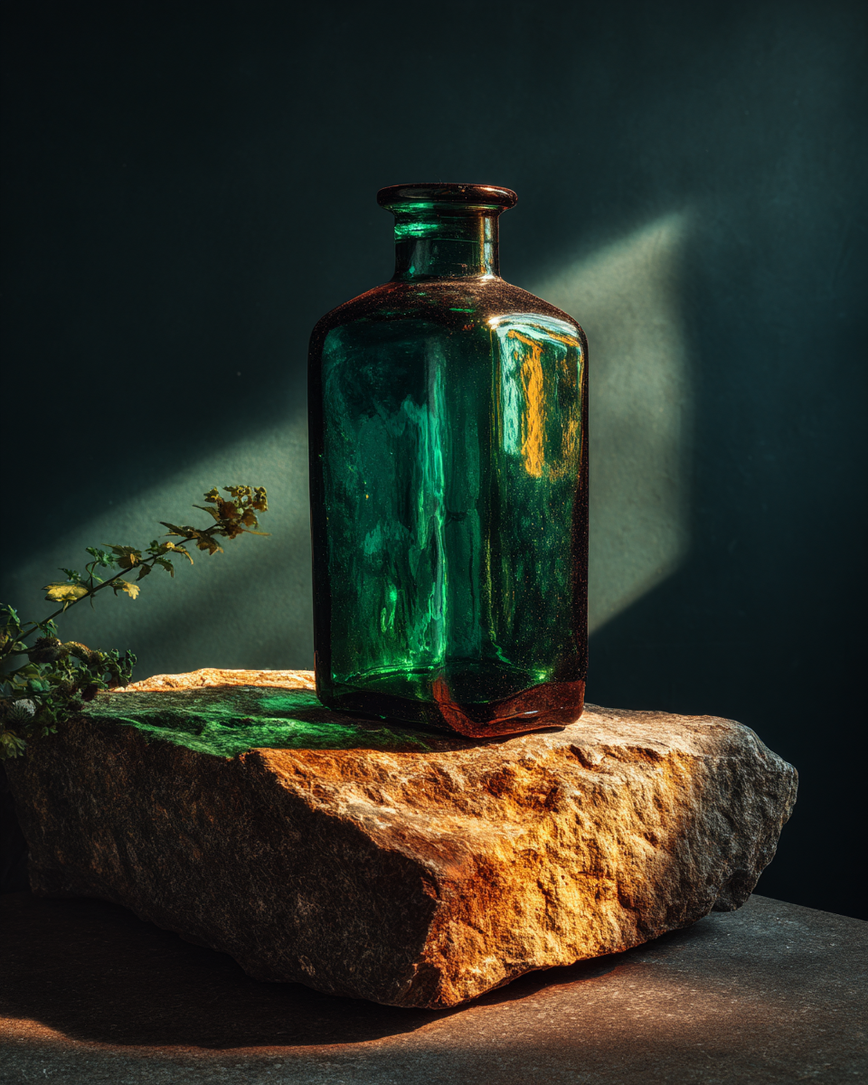 A single dark glass vial standing upright on a rough stone plinth, raking sidelight illuminating a narrow ivory highlight down one edge