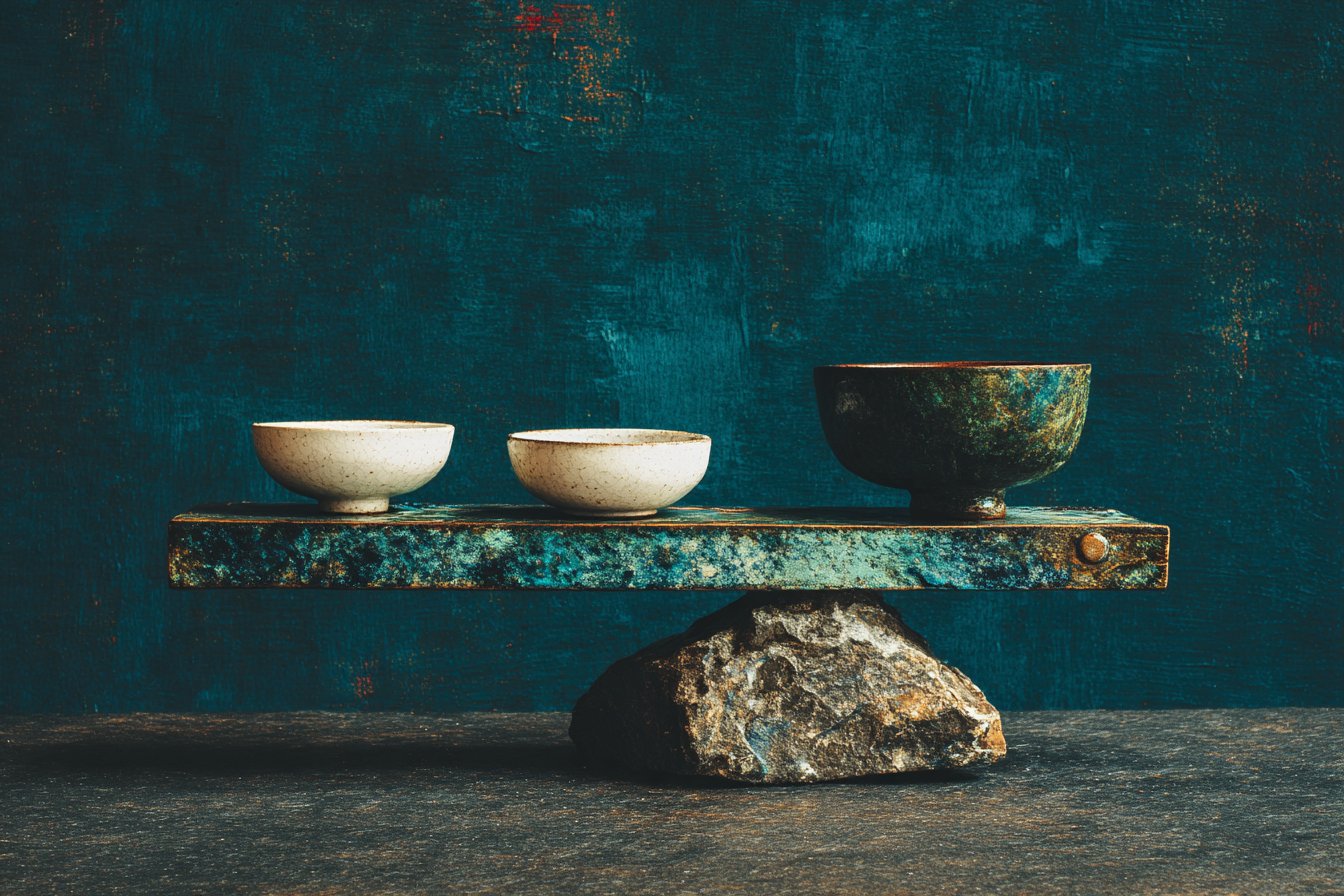 A precision balance scale on dark stone, two bone-white ceramic dishes