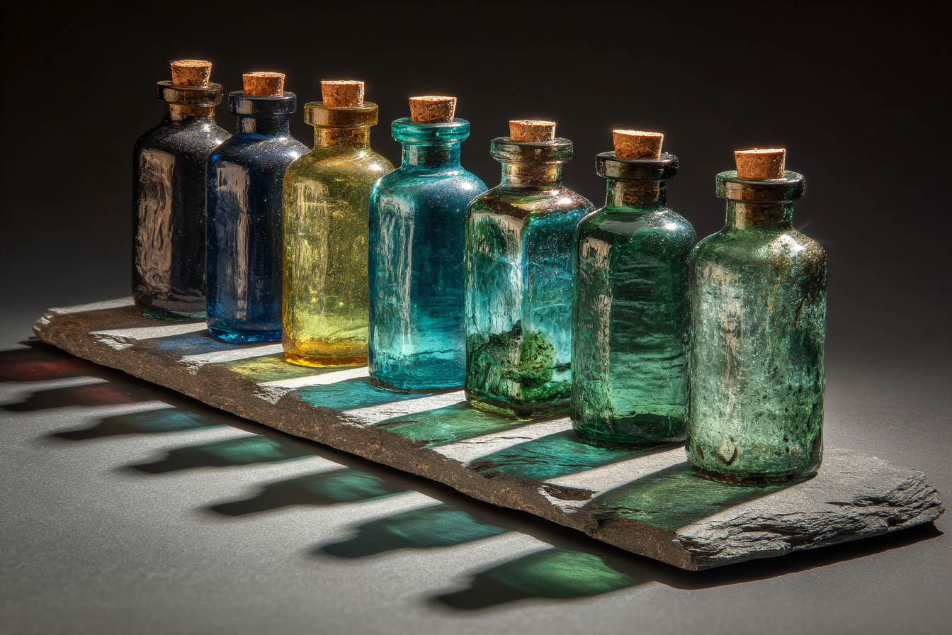A row of seven identical dark glass ampoules standing in formation on polished slate, single tungsten beam raking across them left to right