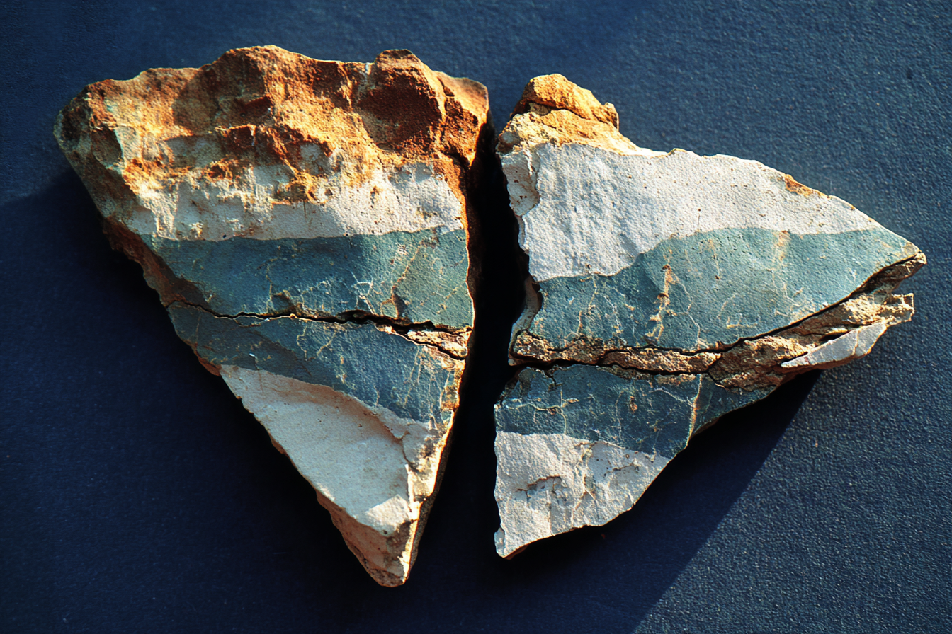 A fractured piece of pale bone-white ceramic on dark stone, clean break revealing dense inner structure