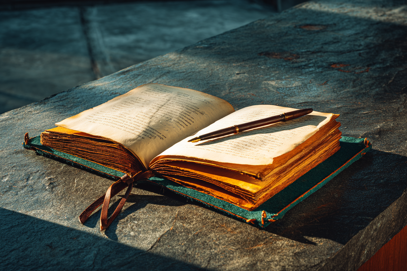 A worn leather-bound field book opened flat on dark stone, blank ivory pages