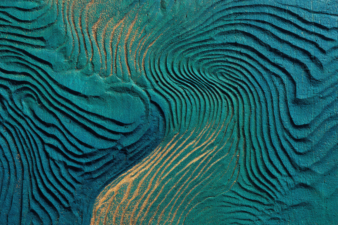 A sand ripple field in an enclosed dark tray, wave crests catching ivory sidelight