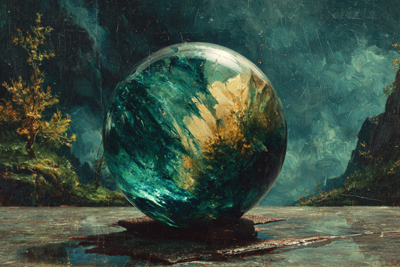 A glass sphere half-submerged in dark viscous fluid on slate, the sphere interior luminous in bone-white