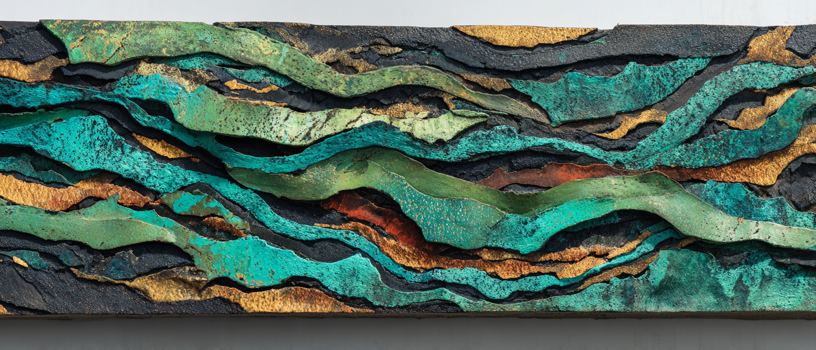 Layered geological strata cut in cross-section, bands of ivory bone and charcoal sweeping horizontally across the frame