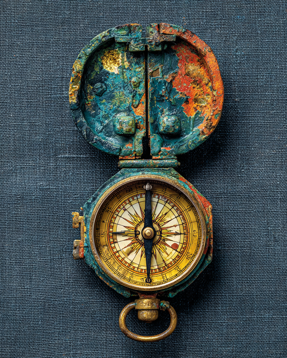 A small antique brass compass lying open on dark linen, needle pointing vertically upward