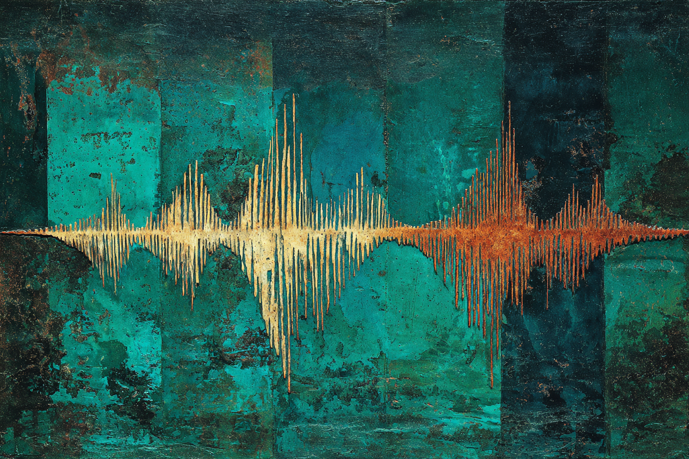 An oscilloscope-like sine wave etched in ivory on a piece of dark oxidised copper plate, the waveform's crest catching raking sidelight