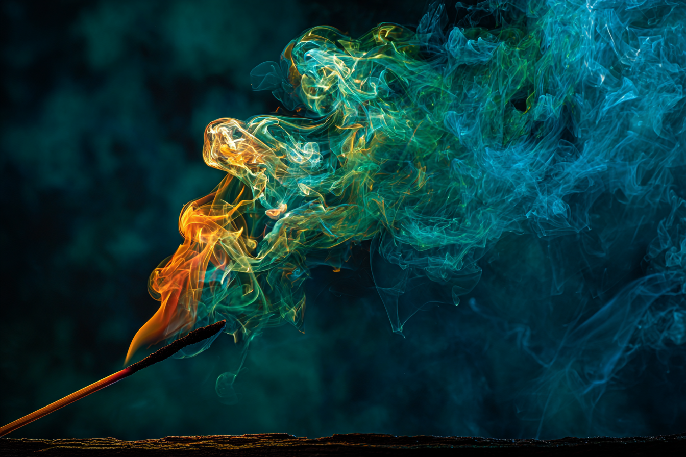 A slow-shutter image of smoke rising from a single extinguished wick, the curl of smoke caught in raking tungsten sidelight against navy-black