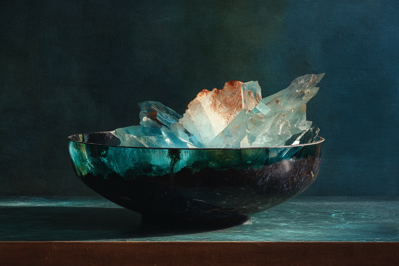 A dark stone bowl filled with still dark water, a single large crystal of ice resting at the surface