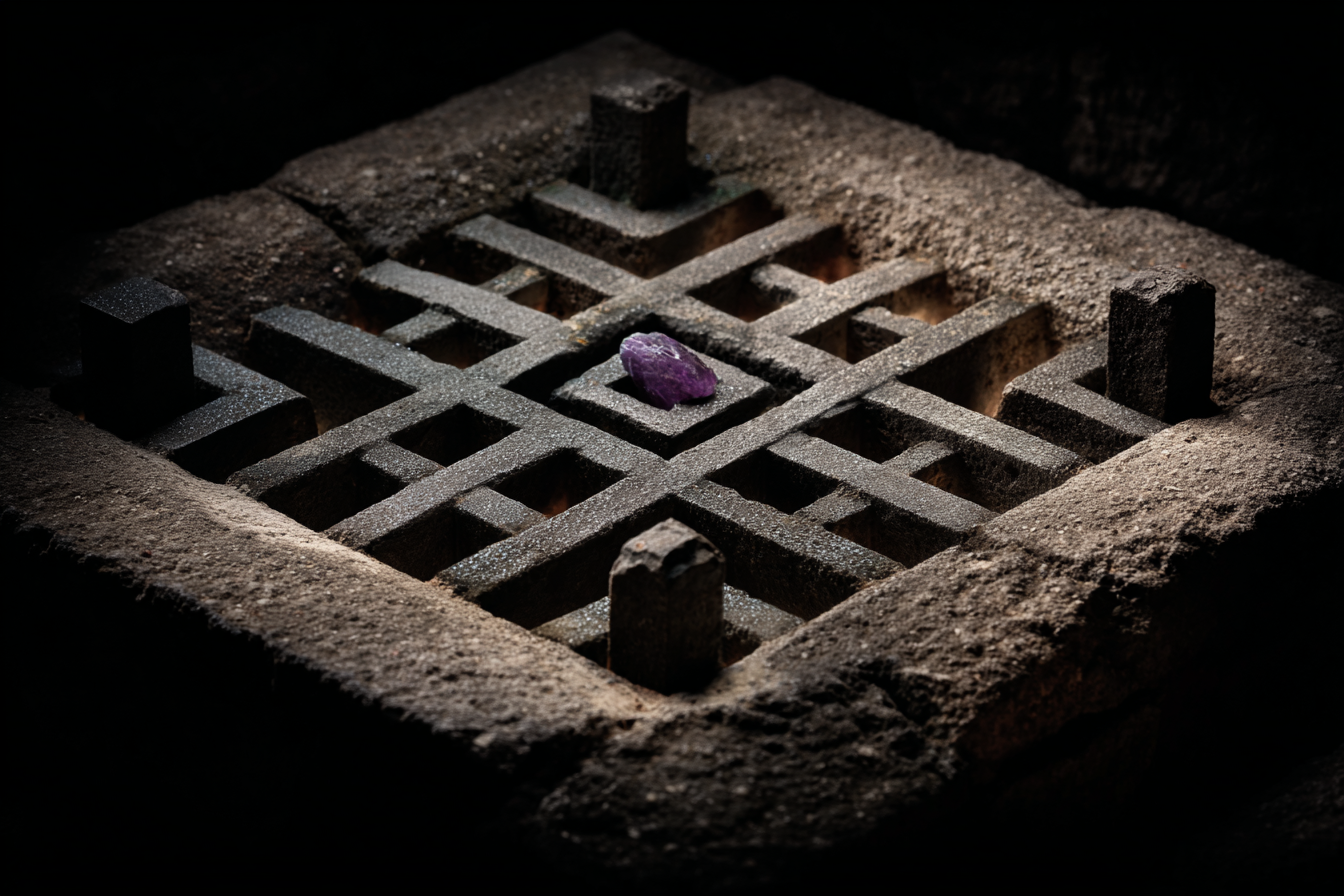 Overhead view of sparse grid on dark stone, eight matte charcoal tokens arranged in two opposing clusters across the grid