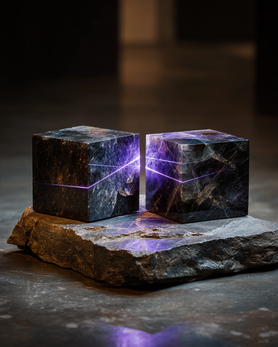 Two identical polished stone cubes facing each other across a narrow gap on dark slate, a thin amethyst violet laser-line bridging the gap at exactly their midpoints — the line neither breaks nor merges the cubes