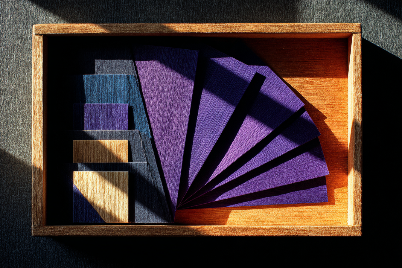 Sparse wooden index-card tray on matte obsidian, a small fan of blank ivory cards arranged at slight angles