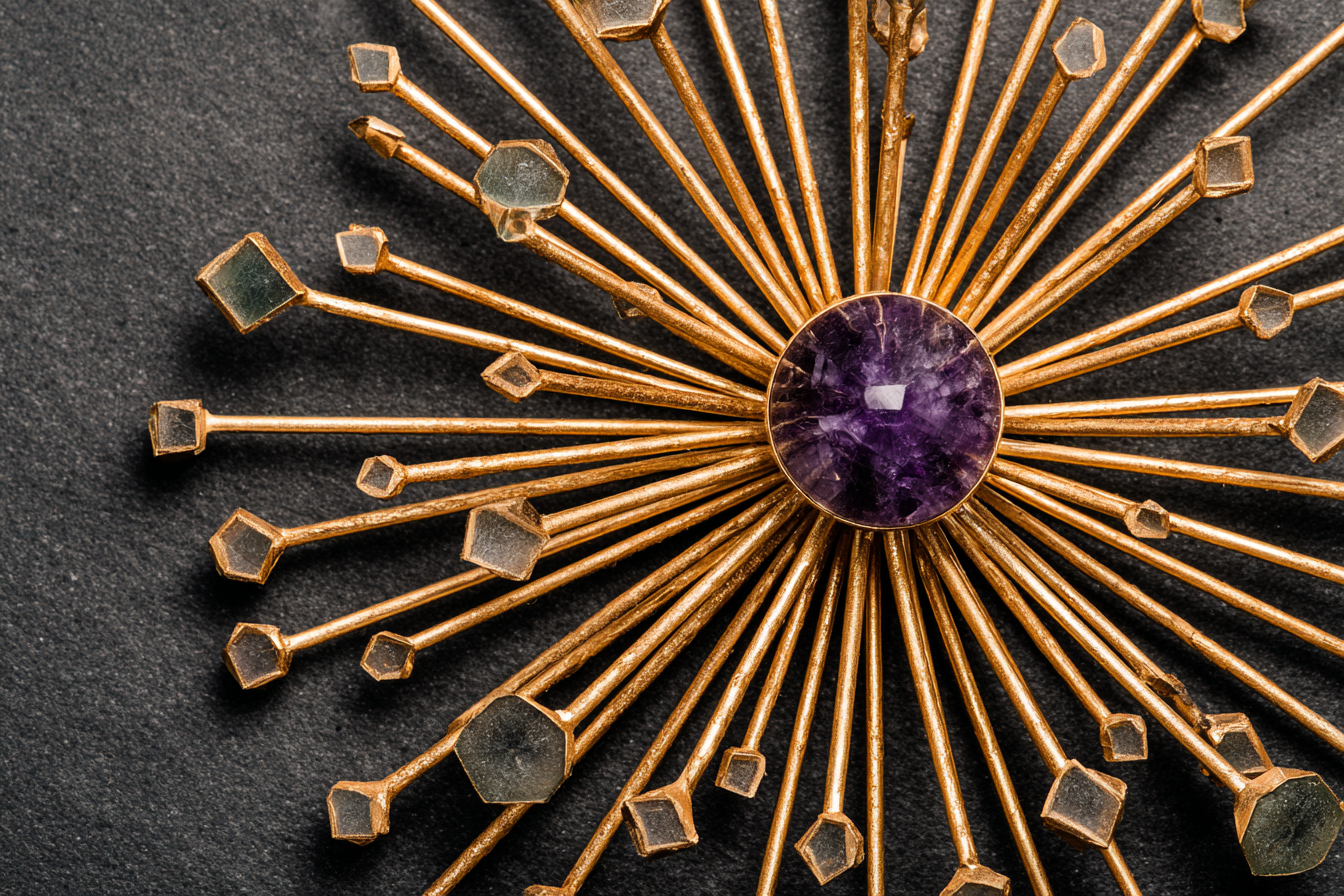 Radial spoke arrangement of five thin brass rods extending from a central amethyst violet node sphere, each rod ending in a different small geometric object — a cube