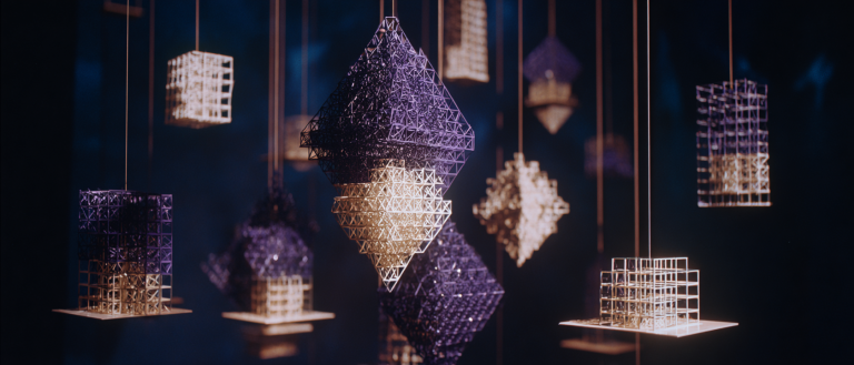 Crystalline geometric lattice — nested recursive structure suggesting a mental model library — suspended in near-black void, left third pure empty darkness