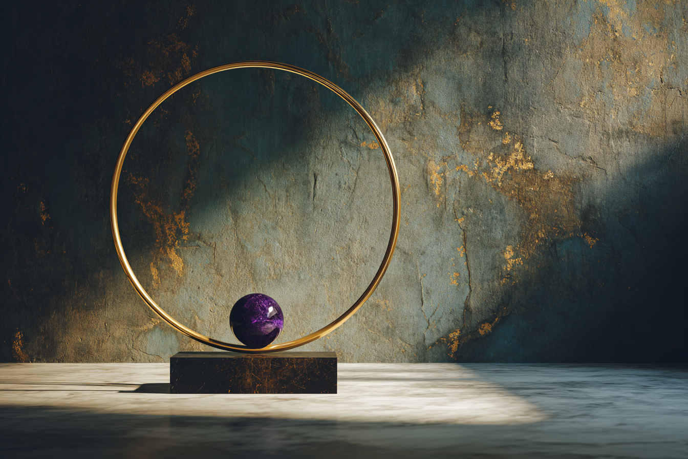 A thin circular wire hoop suspended above matte dark stone, casting a perfect elliptical shadow below