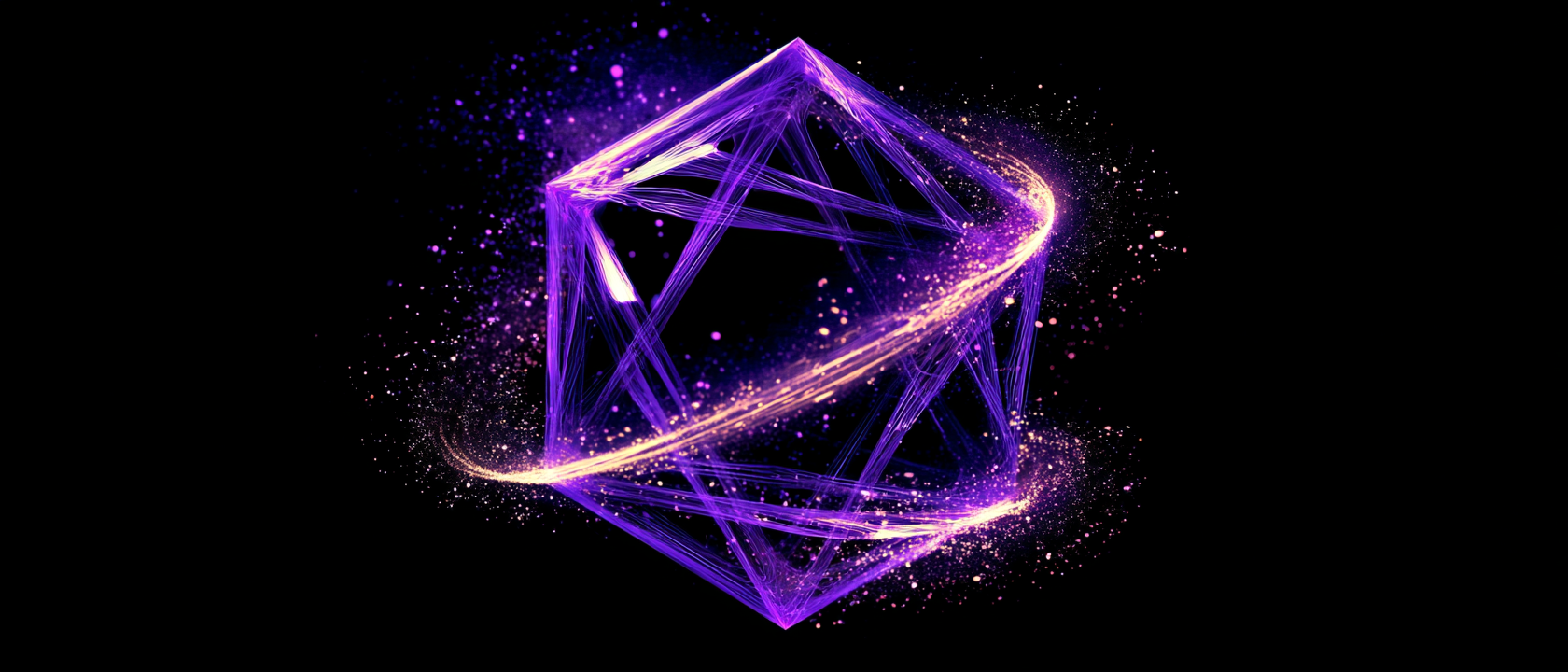 Single glowing amethyst violet light-trace forming a perfect loop around a dark geometric octahedron suspended in near-black void, left third pure empty darkness