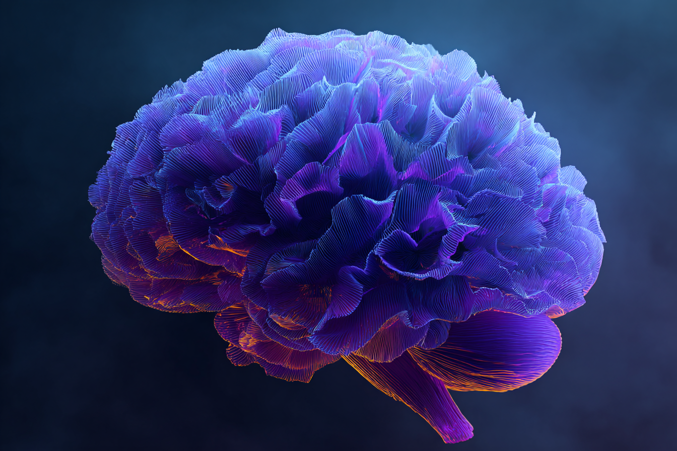 Isolated human brain rendered as dark translucent sculpture floating in near-black space, interior lit by a single amethyst violet bioluminescent pulse cascading through cortical folds